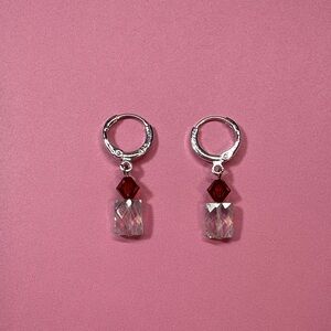 Sterling silver Hoop Earrings with Red and Clear Crystal Dangles